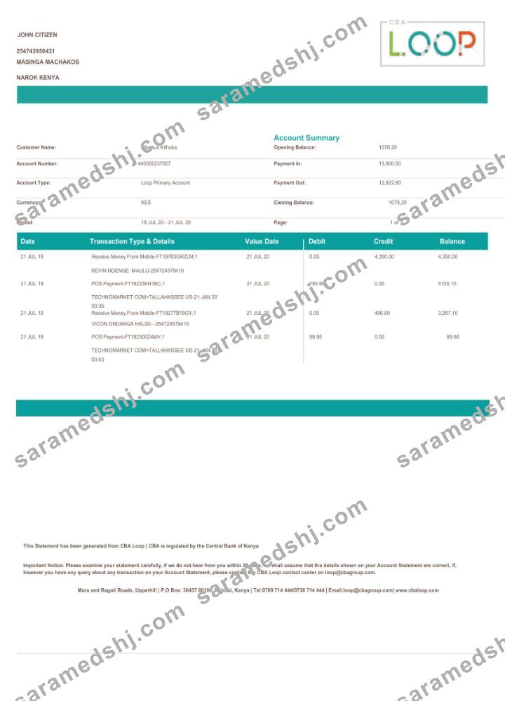 Kenya Loop bank statement Word and PDF template